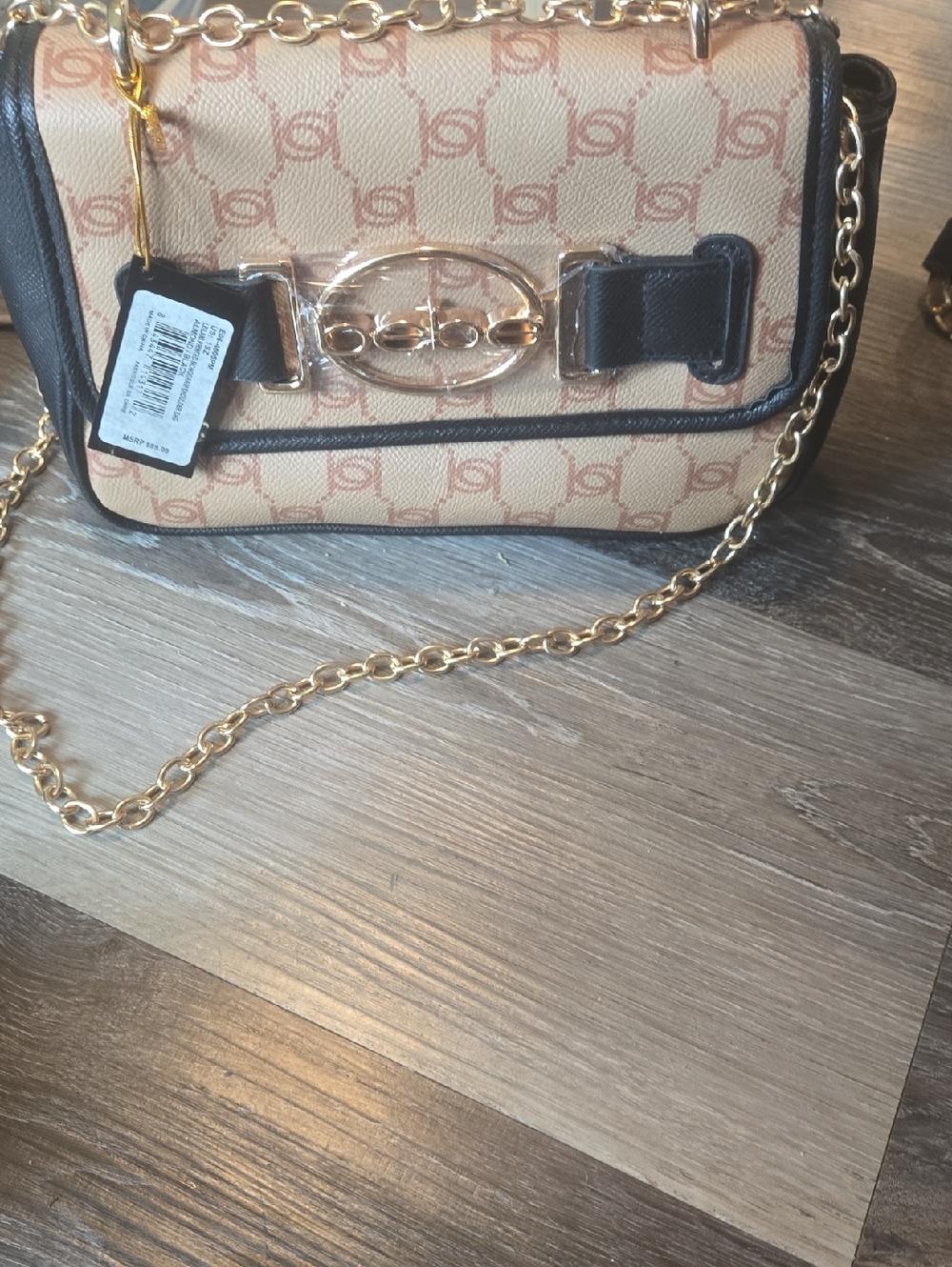 Bebe Beige Monogram Crossbody Bag with Gold Chain NWT Retail $89.00